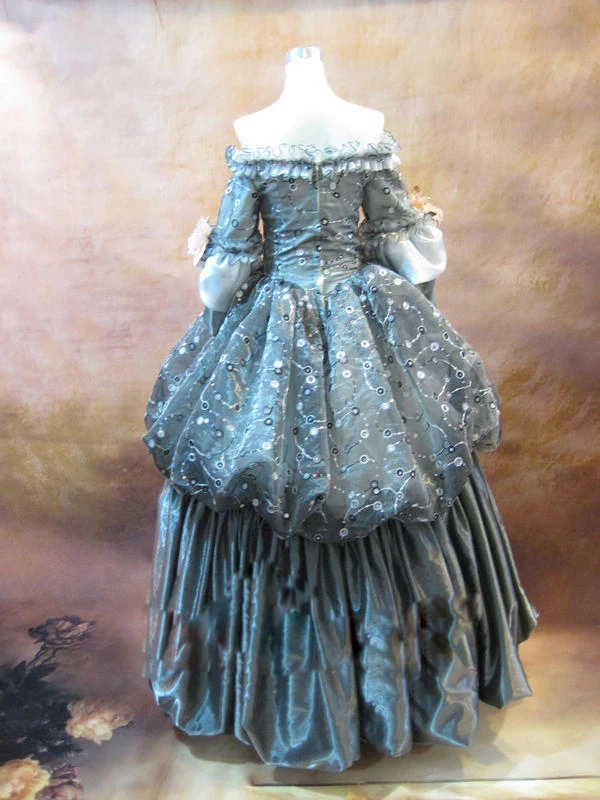 Серый цветочный костюм Marie Antoinette с открытыми плечами в стиле барокко рококо