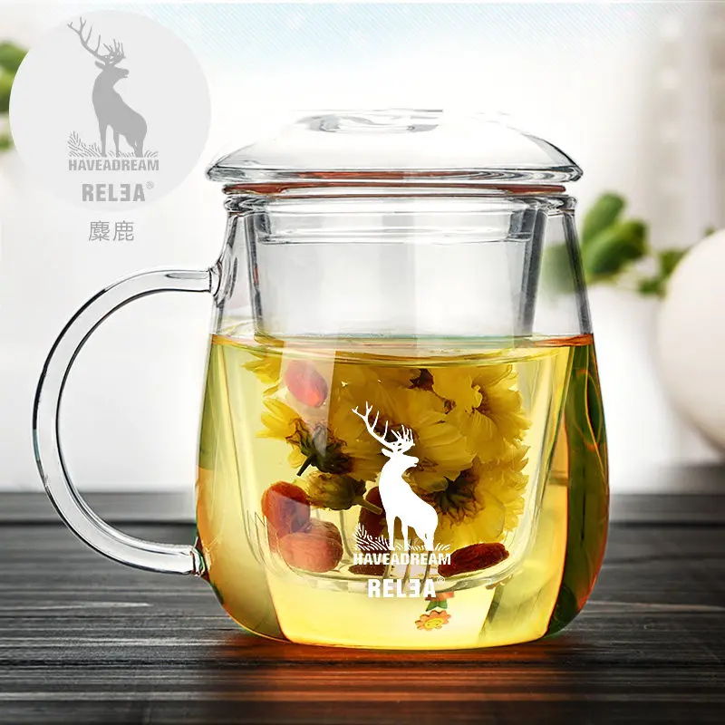 500ml deer image Прозрачная стеклянная кружка, стеклянная чашка для кофе, чая, молока, сока, кружка с сеткой, инфузионное чайное ситечко с фильтром, чайник, термостойкие стеклянные кружки - Цвет: 500ml deer image