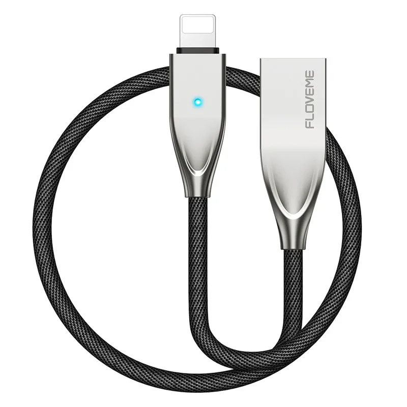 Silver Black FLOVEME USB кабель из цинкового сплава для iPhone XS Max XR X 7 8 Plus 6 кабель для быстрой зарядки для iPad iPhone 6 6S светодиодный кабель для передачи данных - Цвет: Silver Black