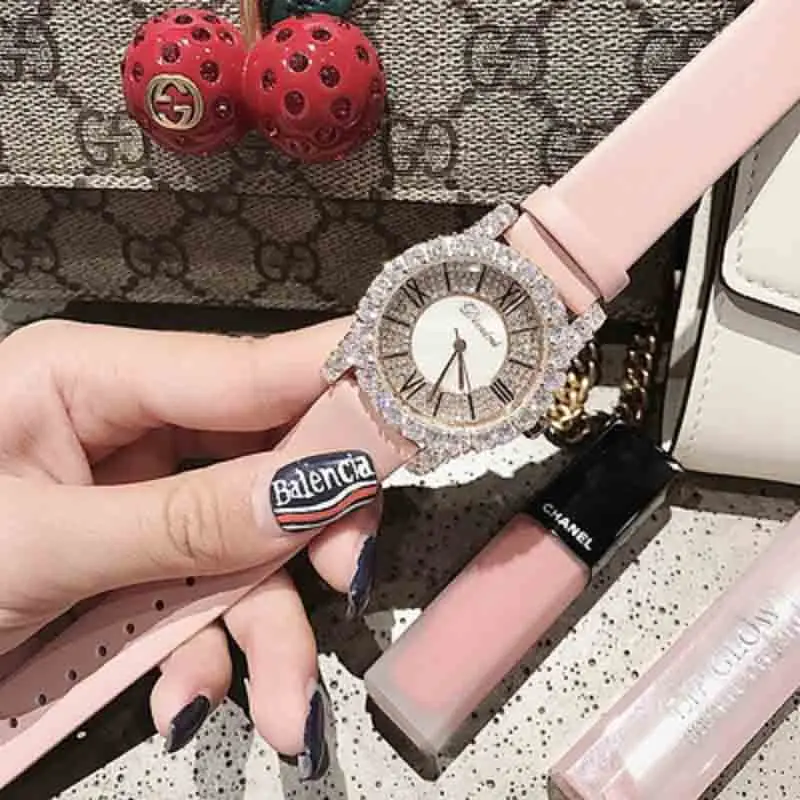 big pink Новая мода, розовое золото, дамские часы с бриллиантами, женские новые Стразы, нарядные часы, роскошный кожаный ремешок, женские кварцевые часы - Цвет: big pink