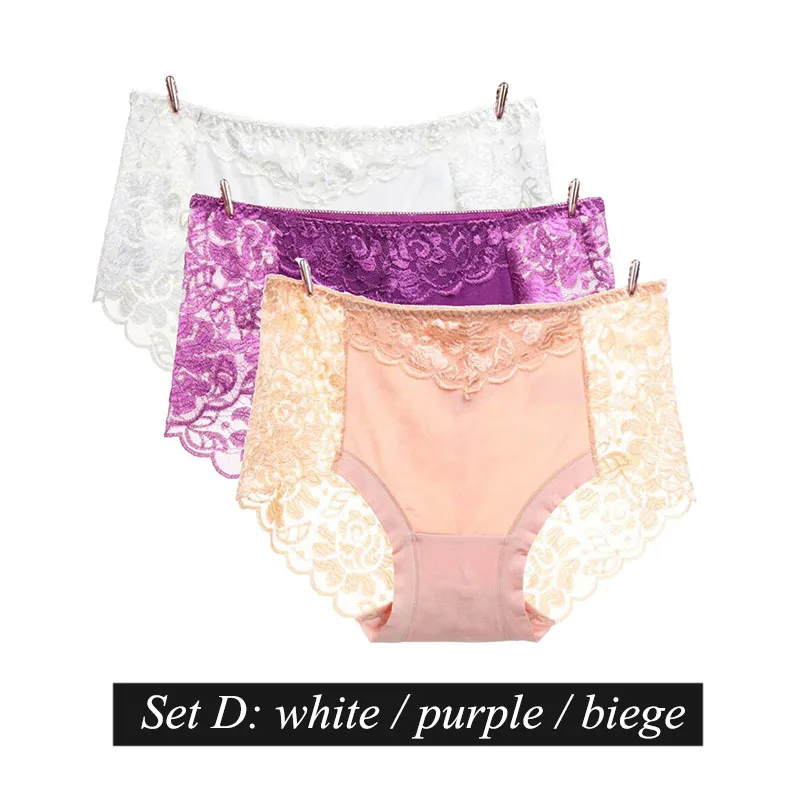 set D BllooBeell, 3 шт., однотонное женское нижнее белье, трусики для девушек, сексуальные кружевные трусы, с вырезом, со средней посадкой, дамское нижнее белье, модал, большой размер XXXL - Цвет: set D