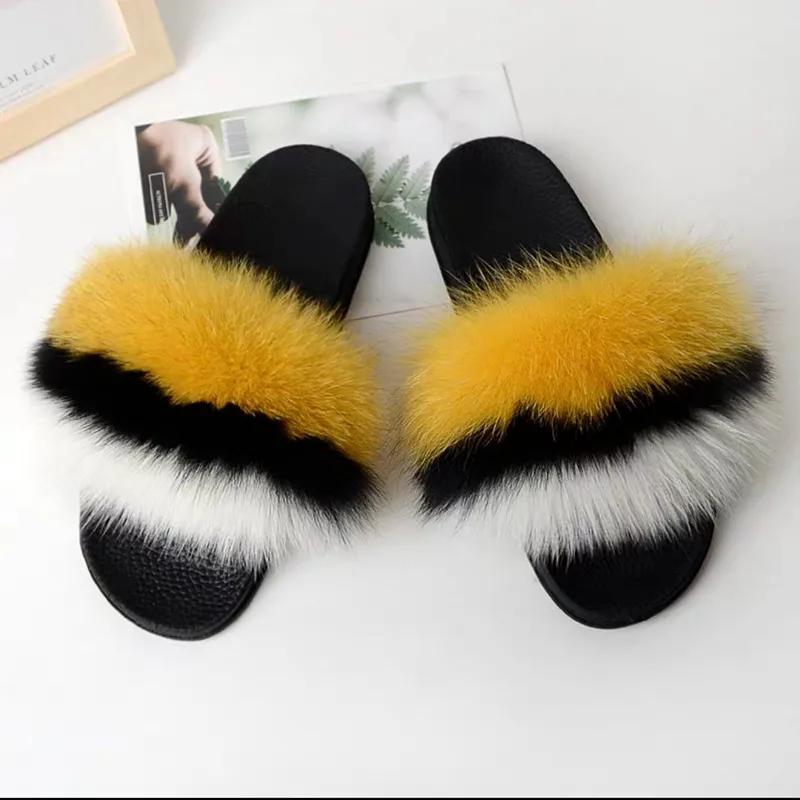 white black yellow ZDFURS/; Лидер продаж; женские шлепанцы с лисьим мехом; Разноцветные Летние модные шлепанцы; женские меховые домашние Вьетнамки; пляжные сандалии - Цвет: white black yellow