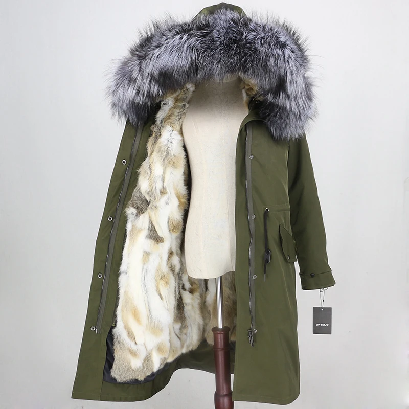 OFTBUY, водонепроницаемая верхняя одежда, парка, зимняя куртка, Женское пальто с натуральным мехом, Воротник из меха серебристой лисы, капюшон, натуральный мех кролика, подкладка, теплая