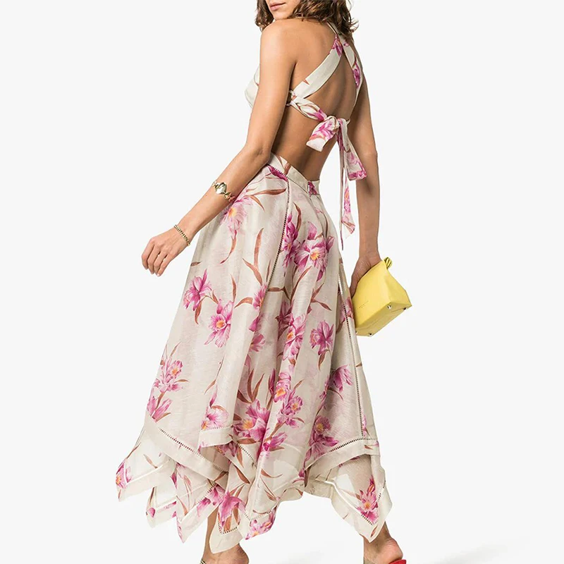 Женское платье с лямкой на шее длинное пляжное из хлопка без черного цвета