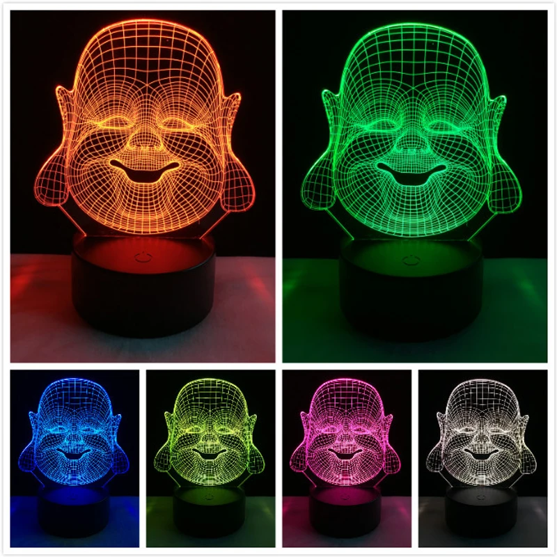 2017 улыбающаяся голова Будды 7 цветов меняющая лампа 3D USB Ночник светильник