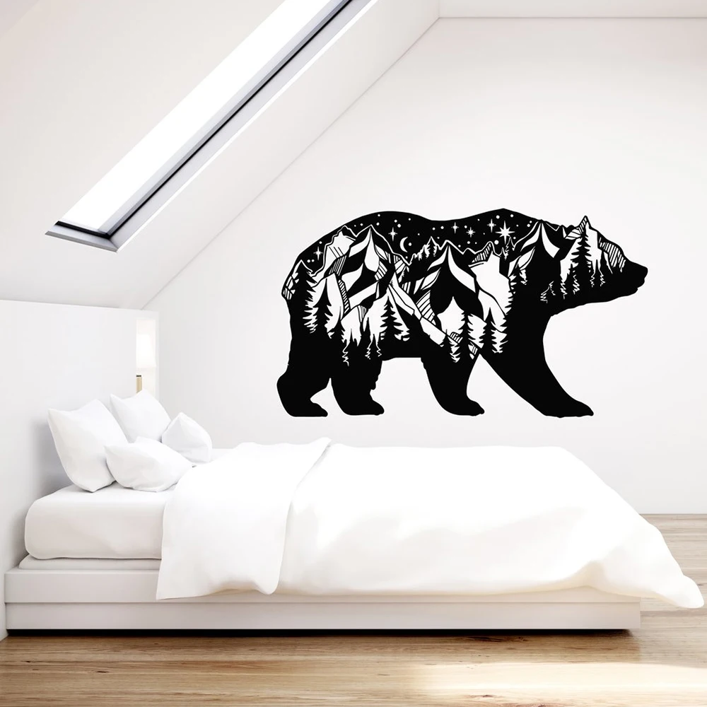 

Forest Animal Bear Vinyl Wall Decal Silhouette Landscape Mountains Stickers Removable Art Mural For Bedroom Window Decor L760
