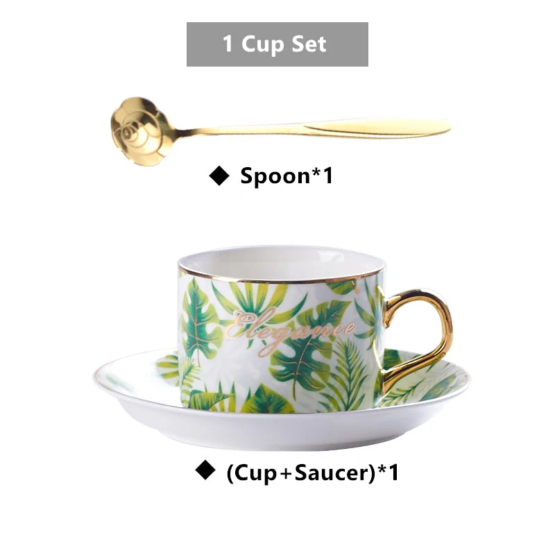 1Cup Нордическая монстера керамическая кофейная чашка блюдце Золотая ложка набор 150 мл зеленый лист фарфоровая чайная чашка элегантный тропический завод чайная чашка - Цвет: 1Cup