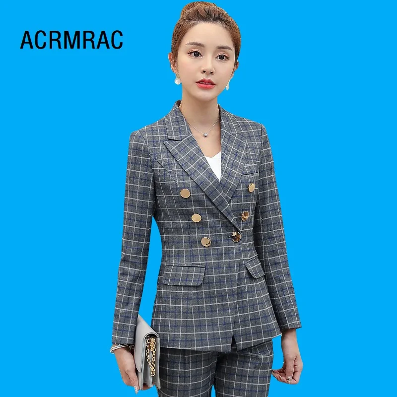 

Women suits Slim autumn Plaid jacket Pants 2-piece set OL Formal Women pants suits Woman set suits 1902