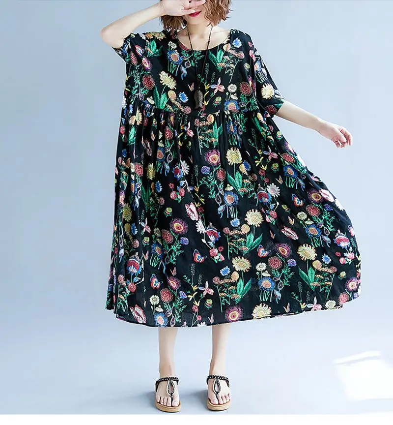 

New Arrival 2019 Summer Fashion Short sleeve Plus Size Dress Women Floral Printed Big Swing Dress Size Loose Long Dresses