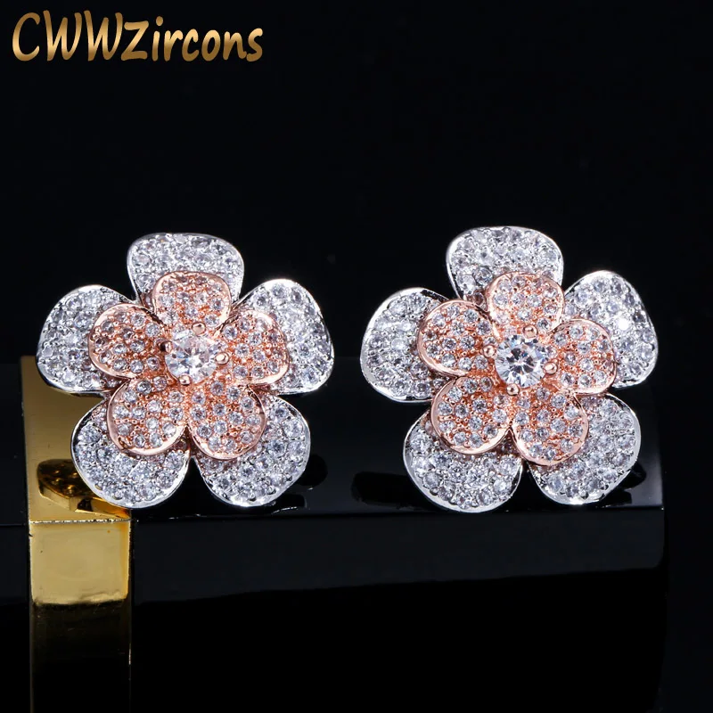 Silver and Rose Gold CWWZircons полный Цирконий Серебро и розовое золото большой геометрический цветок серьги стержня для Для женщин модный бренд уха ювелирных изделий CZ414 - Окраска металла: Silver and Rose Gold