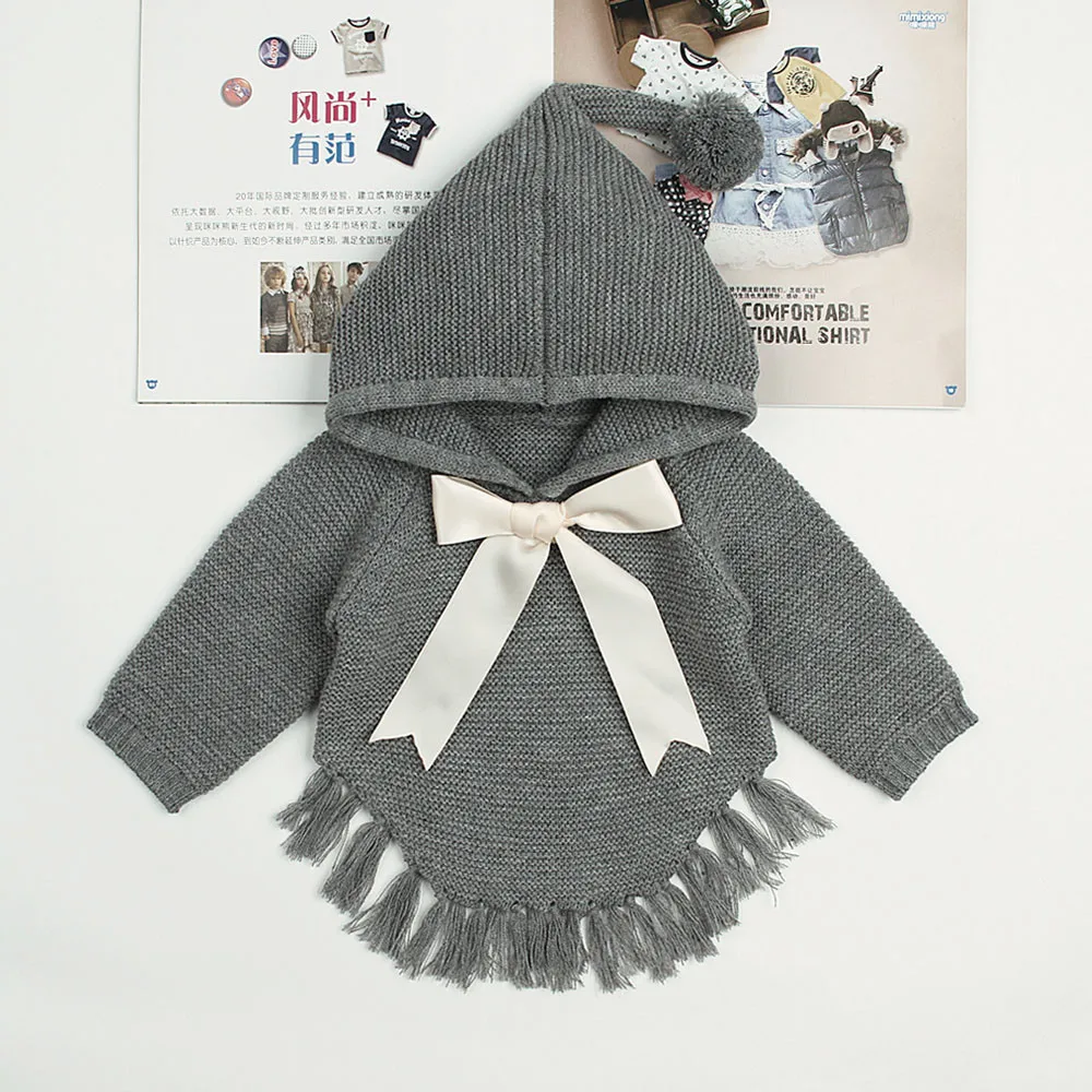 Winter Newborn Red jacket Infant Baby Boys Girls Bow Tassel Knitted Long Sleeve Hooded Tops Sweater Outfits Fringed hooded