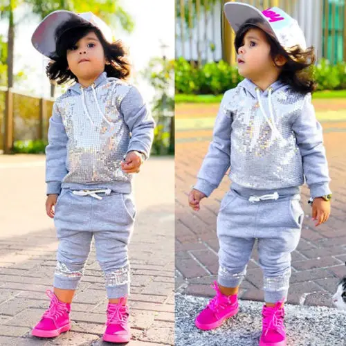 Новое поступление серый спортивный костюм для малышей топ с капюшоном и