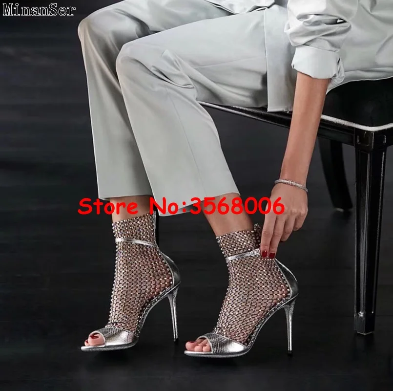 Лидер продаж сетчатые женские ботильоны на шпильке стразы Классические римские