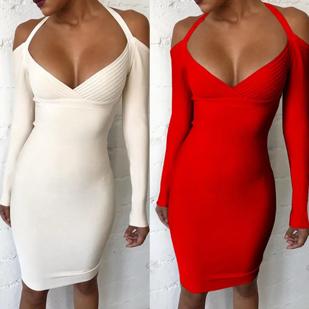 2019 New Style Fashion Hot Pure Color Sexy Women Autumn Winter Long Sleeve Deep V Neck Knit Sheath Mini Dress | Женская одежда