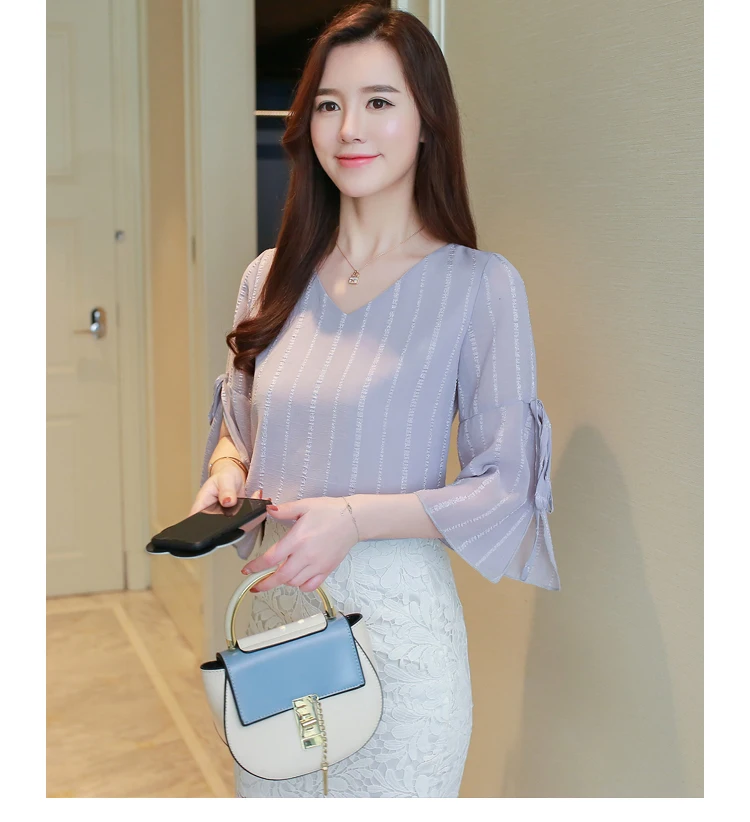 Female Chiffon Clothing 2018 Summer Fashion Blouses Short Sleeve Mujer Shirts Casual Bow Striped Printed Women Blusas Tops F0135 |