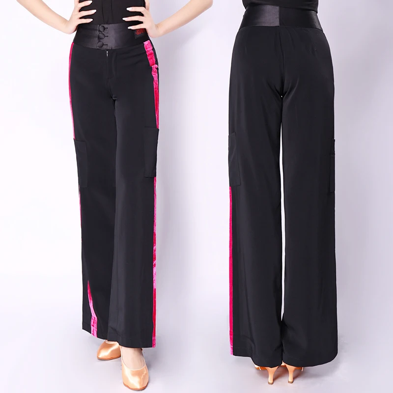 Элегантные женские танцевальные брюки с красной стороны Pantalon Danse Femme Бальные брюки ChaCha Tango тренировочные костюмы конкурентные латинские танцевальные брюки BL1594
