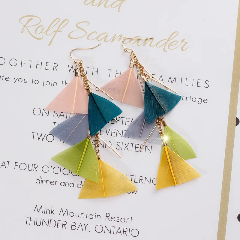 DREJEW Bohemian Triangle Feather Long Colorful Statement Earrings Christmas 925 Alloy Drop Sets for Women Jewelry 3100 | Украшения и