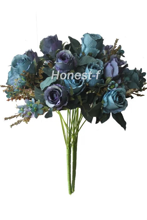 

Artificial Multi-Coloured Rose Silk Flowers Bounquet Mixed Arrangement, Home Hotel Room Wedding Decoration(Blue)