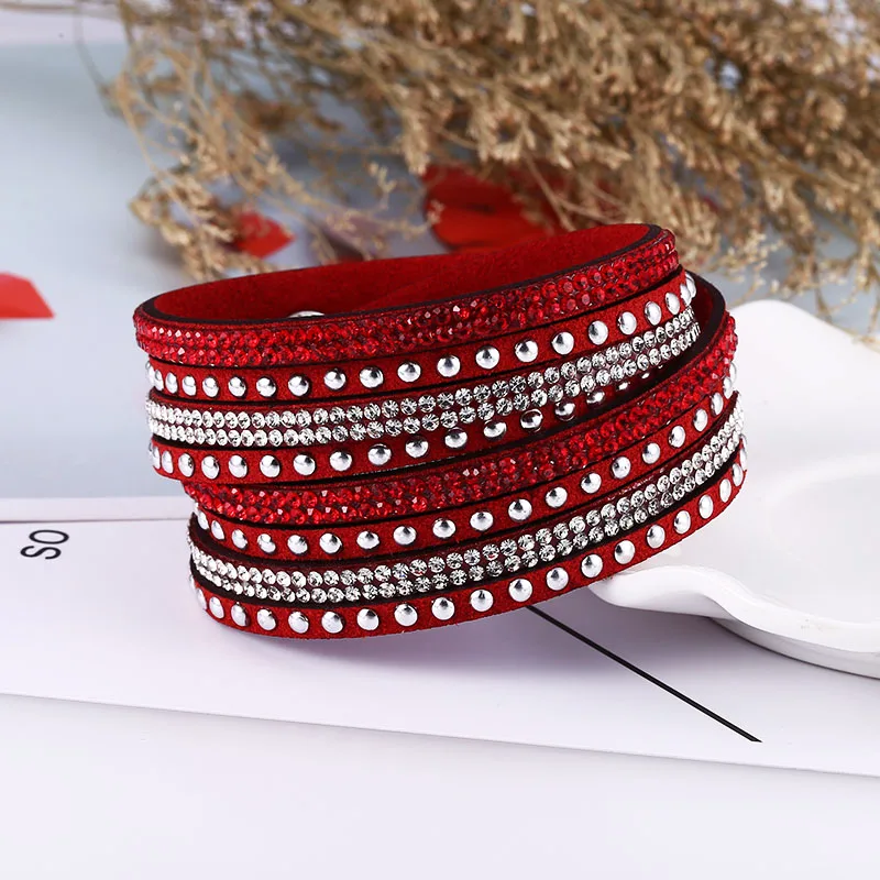 Red Bracelet HOCOLE модные Очаровательные кожаные браслеты со стразами для женщин обёрточная бумага Многослойные Стразы браслет Женская мода ювелирные изделия свадебный подарок - Окраска металла: Red Bracelet