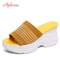 aphixta cotton fabric platform wedge slippers women shoes mules clog gingham sandals girls flip flop slides pantuflas de mujer