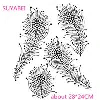 4pclot big feather design stones hot fix rhinestone applique iron on crystal transfers design patches for shirt