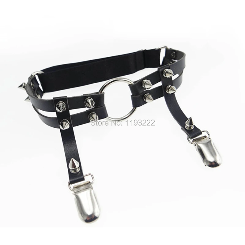 

Punk Goth Harajuku Spikes Handcrafted Heart Garter Leather Suspenders Thigh High Harness O round Garter Belt