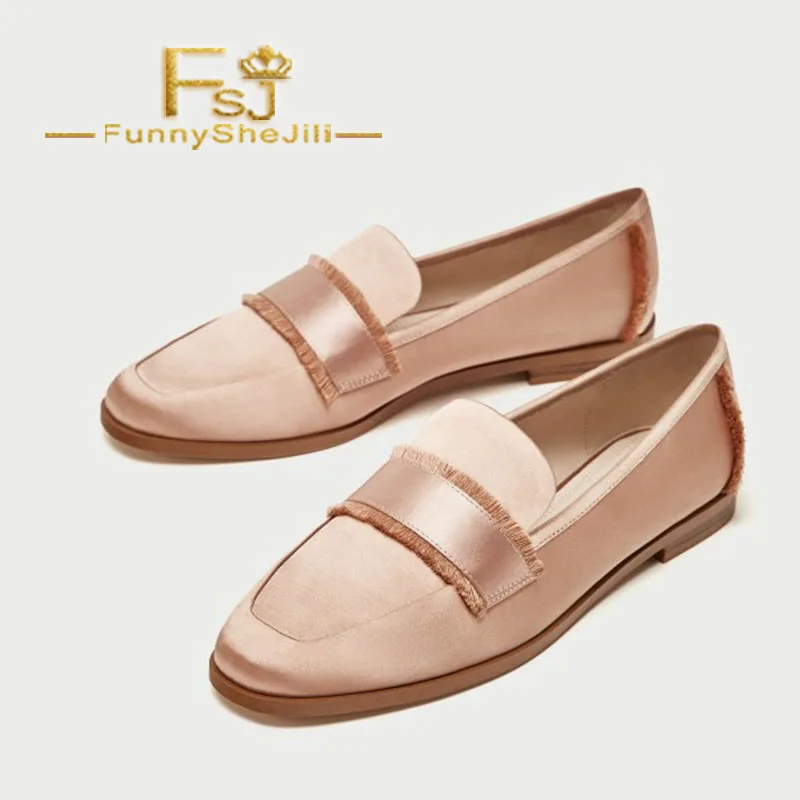 

FSJ Sweet Nude Satin Fringe Loafers for Women Cute Round Toe Ladies Flats Slip on Dress Comfortable Date Shoes 2021 Autumn