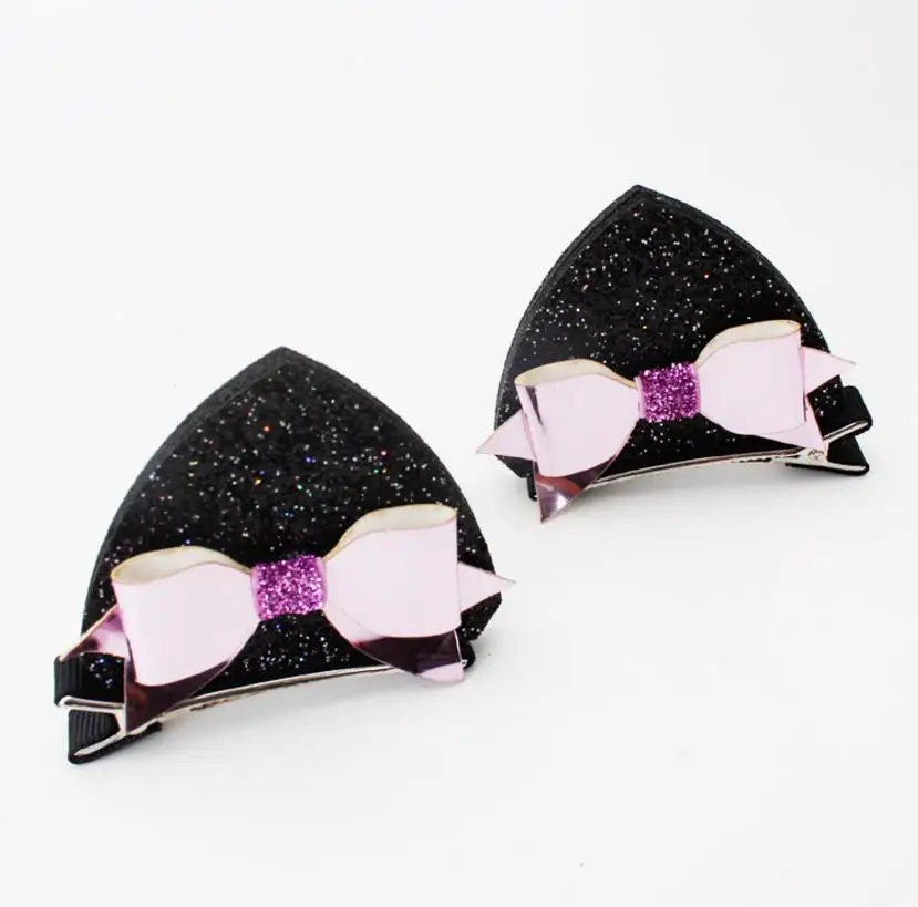2Pcs Solid cat ears hairpins Sequins ears hair clips cute rabbit ears shape barrettes girls Bow hair accessories headdress J52