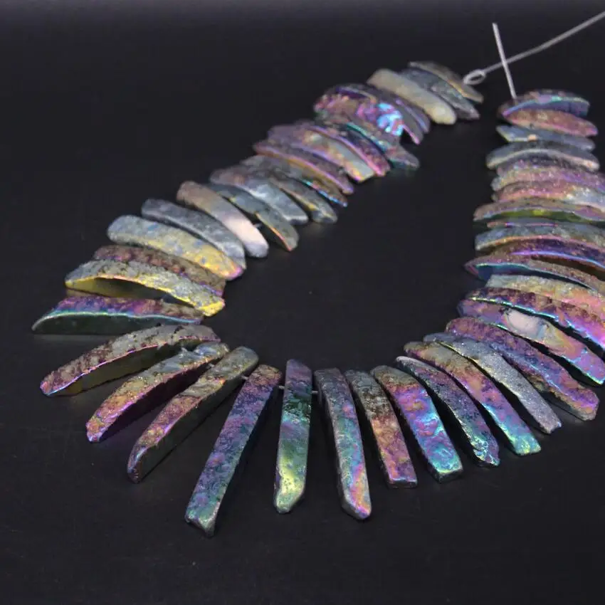 

15.5"strand Raw Agates Rainbow Titanium Top Drilled Slice Point Pendant Beads,Natural Stone Slab Stick Nugget Graduated Beads