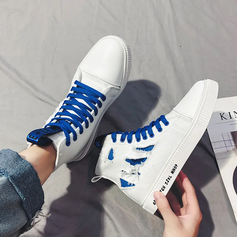 White-Blue Мужская парусиновая обувь для скейтборда; Повседневная новая дизайнерская дышащая спортивная обувь с высоким берцем и кошачьими когтями; мужские кроссовки; Hombre espadrilles - Цвет: White-Blue