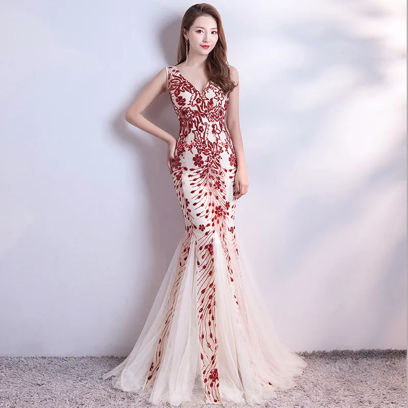 Red Embroidery Синий и красный цвета вышивка пайетками V шеи спинки русалка элегантные платья пикантные длинные Вечеринка платье ночной клуб одежда - Цвет: Red Embroidery