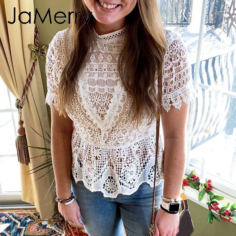 JaMerry винтажная белая кружевная женская блузка с вышивкой рубашка коротким