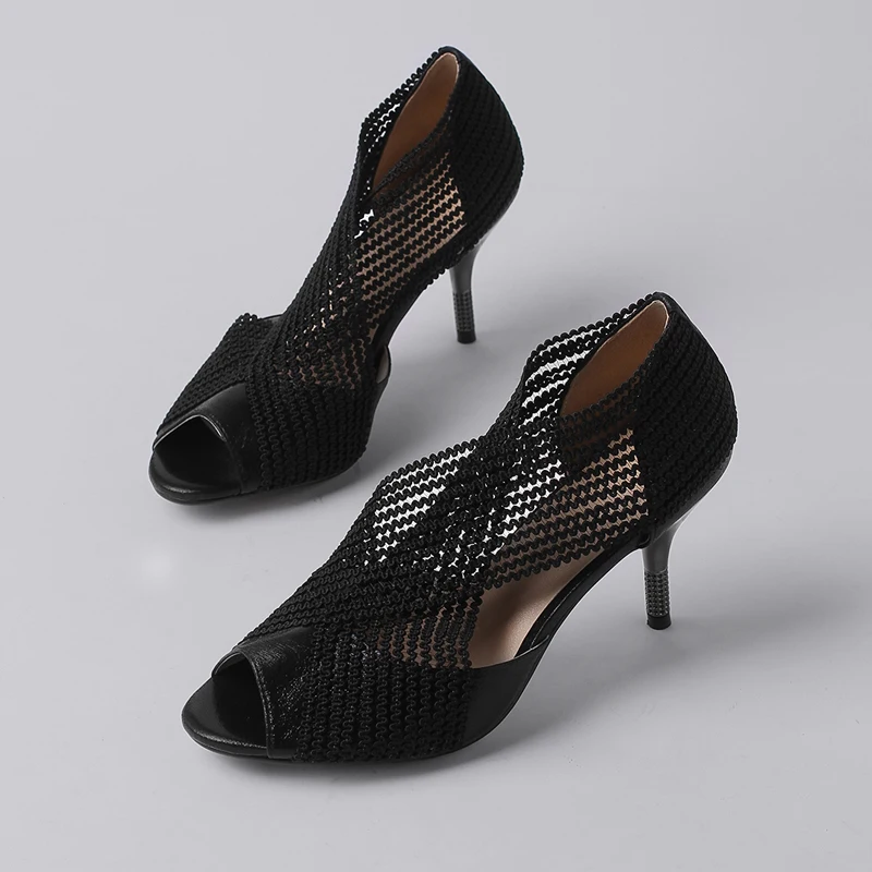 Arden Furtado Summer 2019 fashion women's shoes peep toe stilettos heels 8cm slip-on pumps sexy black online celebrity sandals | Обувь