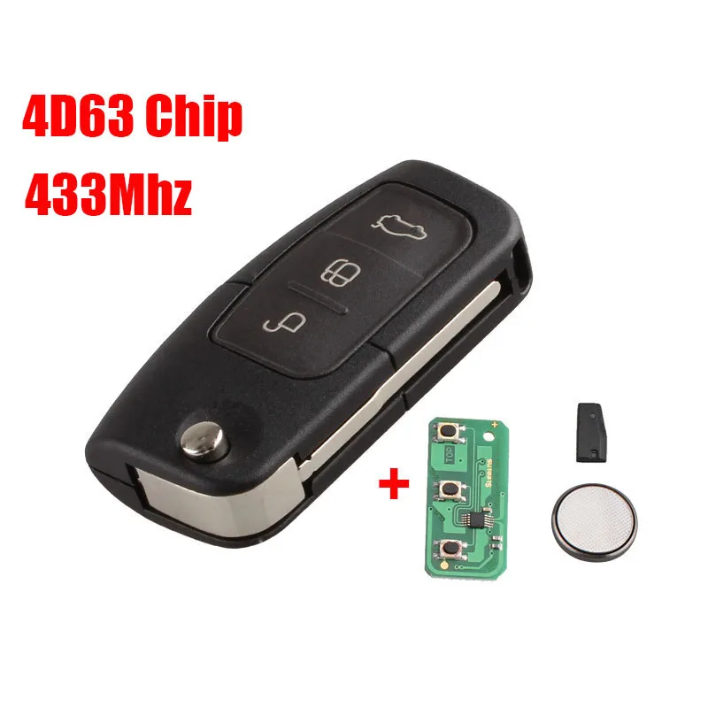 BHKEY 433 МГц 3 кнопки складной дистанционный ключ автомобиля для Ford 4D60 4D63 чип для Ford Focus 2 3 mondeo Fiesta брелок HU101 лезвие - Количество кнопок: 4D63 Chip 433Mhz