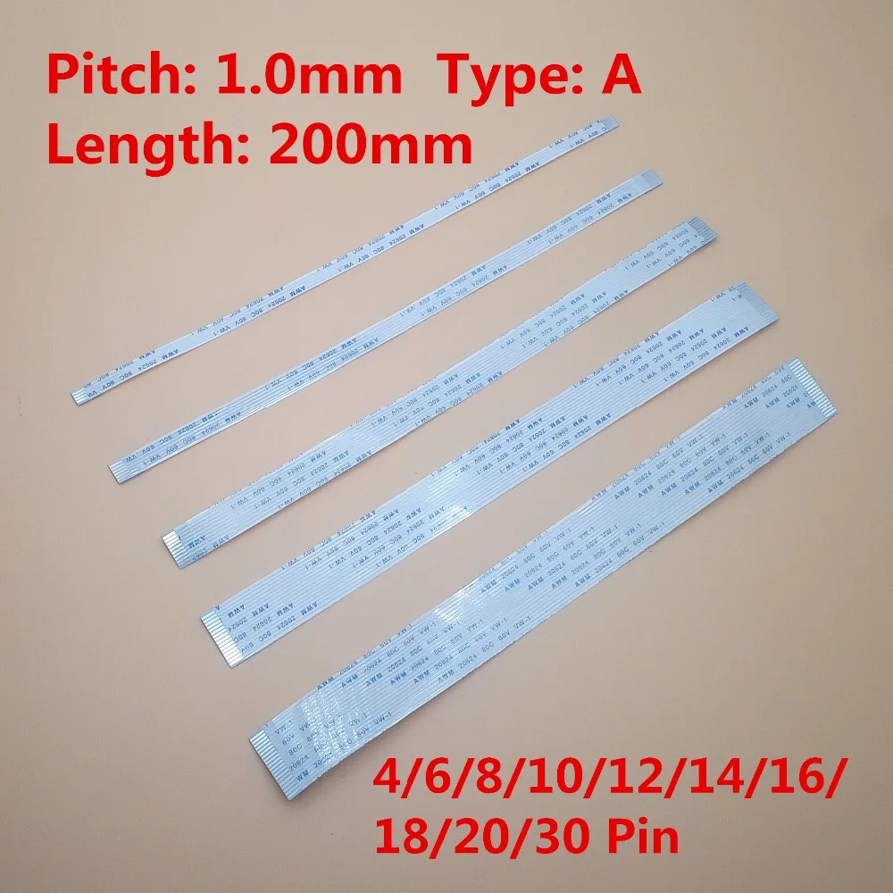 

10pcs FFC 200mm 1.0mm 4/6/8/10/12/14/16/18/20/22/24/30 Pin A Type Same Side Isotropy Flexible flat cable AWM 20624