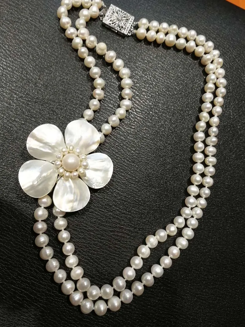 Вау! 2 ряда пресноводный жемчуг белый морской ракушки капля цветок и ожерелье 7 8