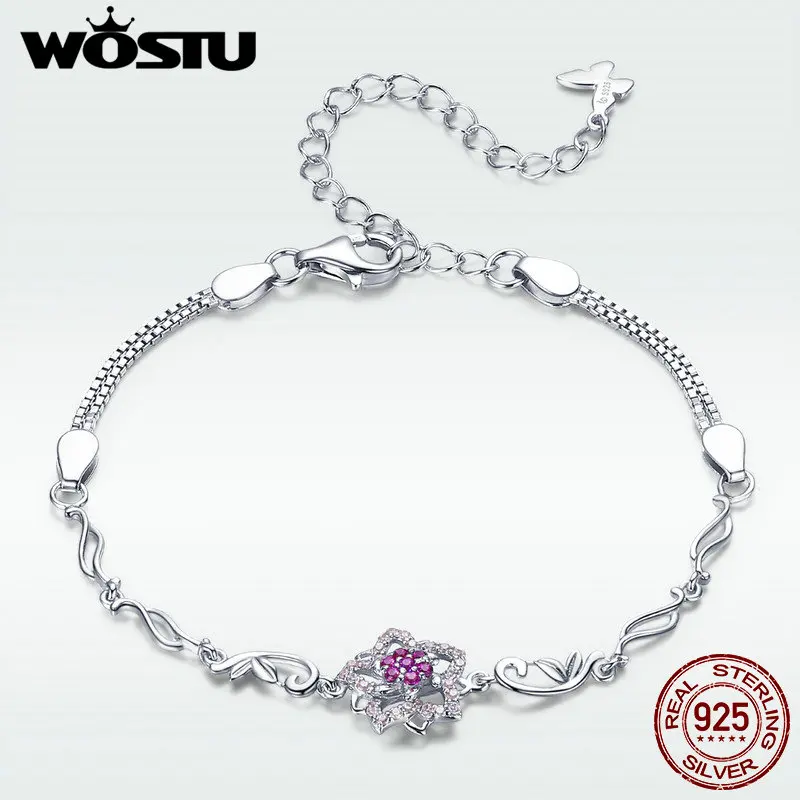 WOSTU, новинка,, 925 пробы, серебро, пять лепестков, розовый, персиковый цвет, цепочка и звенья, браслеты, Роскошные, настоящие ювелирные изделия, подарок DAB005