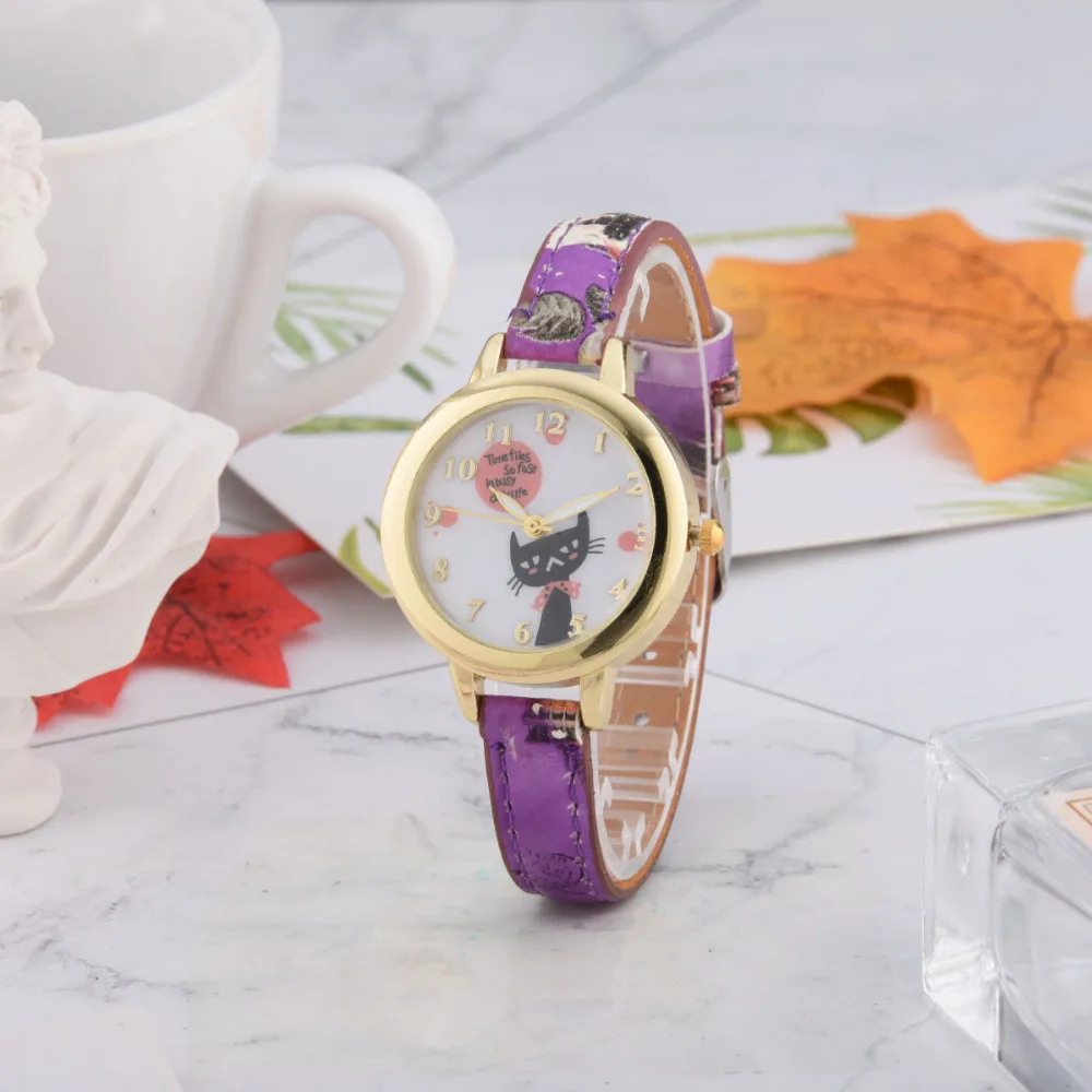 8SEASONS PU Leather Watchband Cute Cat Pattern Gold Color Quartz Wrist Watches Women Ladies Watch Clock Trendy Jewelry 1 Piece | Наручные
