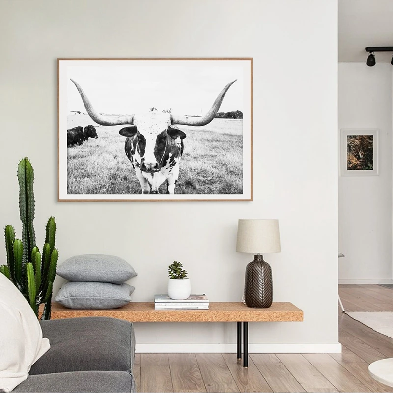 Longhorn рисунок на холсте с крупным рогатого скота Настенная картина животное ферме