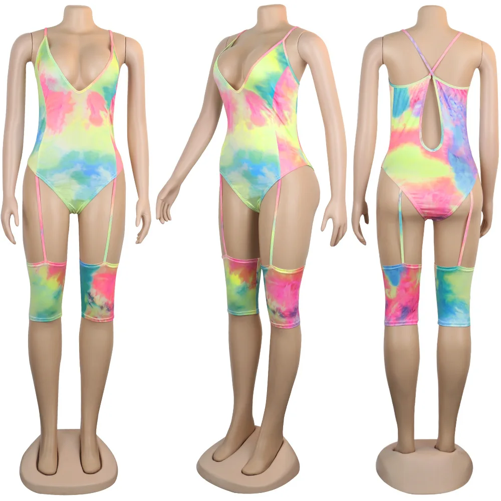 

Pink Print Strap V-Neck Hollow Out Women Skinny Jumpsuit Summer High Cut Bodysuit Sexy Backless Female Playsuits Overalls