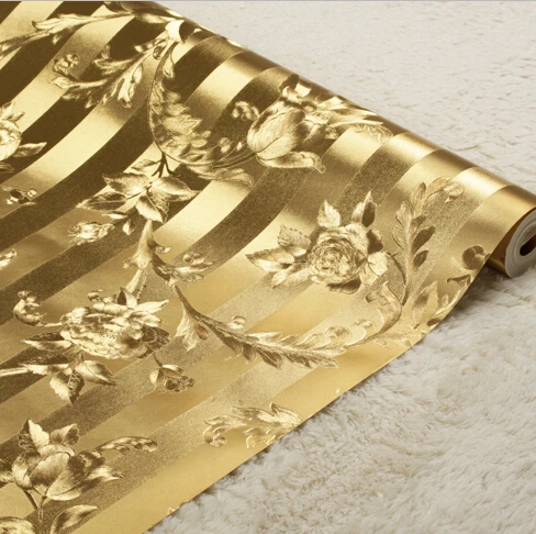 Китайские роскошные обои в полоску с розами 3D рулон золотистой фольги для