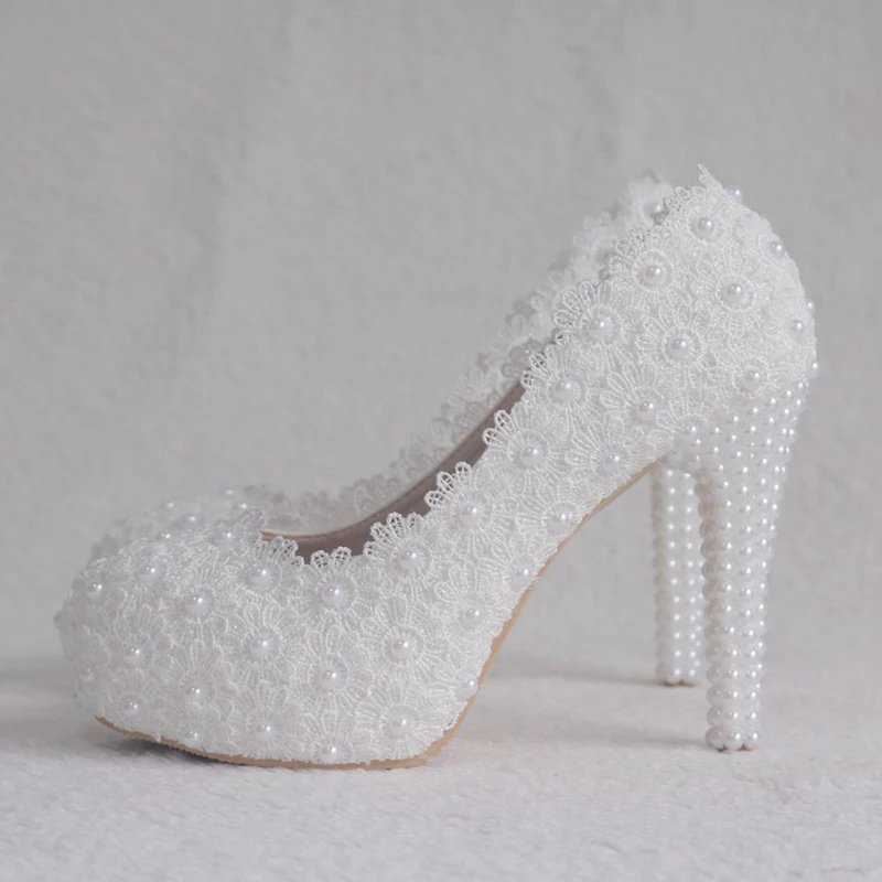 Dropshipping Pearls Crystal Flower Wedding Shoes Bride White Pearls Handmade Proms Dress Platforms Patty Pump Shoes XY-B0314