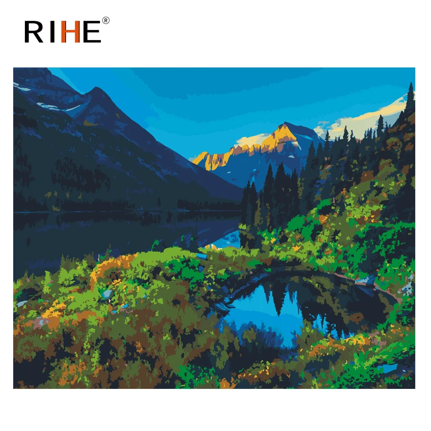 RIHE Mountain Diy Краска для рисования по номеру озеро Масляная на холсте Ручная ed Forest