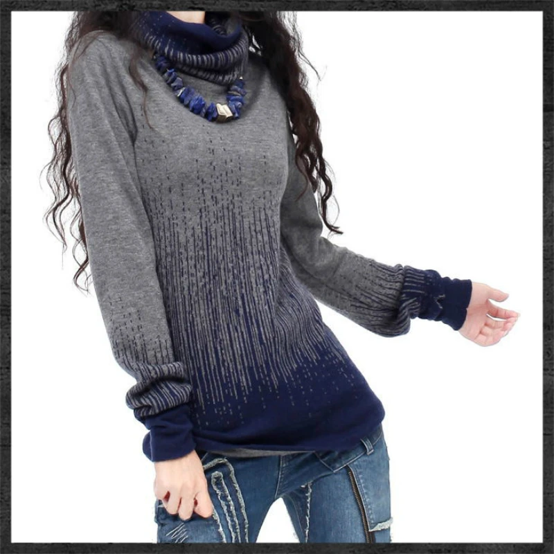 Women's Gradient Black Blue Vintage Cashmere Sweater Women Winter Turtleneck Thick Sweaters And Pullovers Female Warm Jumpers | Женская