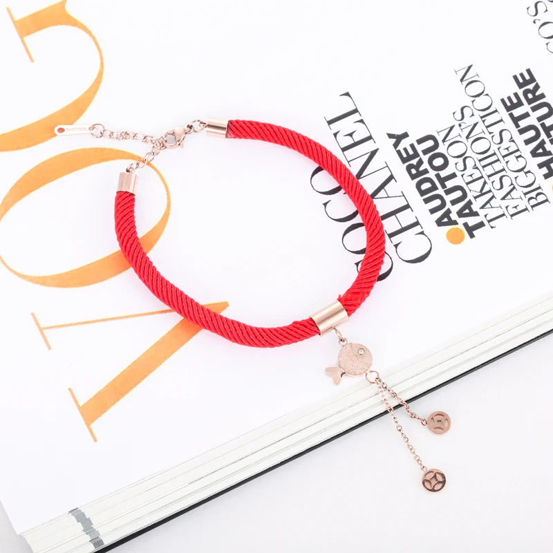 Stainless steel Scrub Fish Copper Money Fringe Lucky Red Rope Bracelet Female Couple Series Lovers Gift Jewelry Wholesale | Украшения и