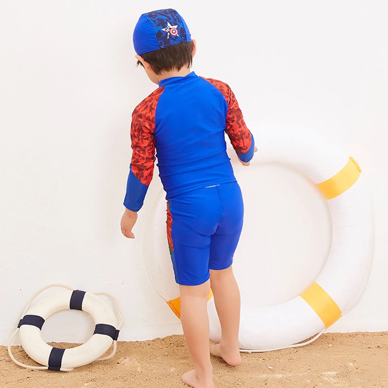2018 Newest super man printed two-piece swimwear long sleeve surfing suit for children sports beachwear kids swimsuit with hat | Спорт и