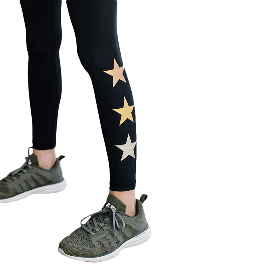 Новый 2018 женский черный Фитнес Леггинсы с принтом Золотая Звезда Высокая Талия