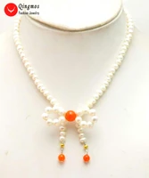 qingmos natural pearl necklace for women with 5 6mm white round pearl red beads bowknot pendant necklace chokers 17 jewelry