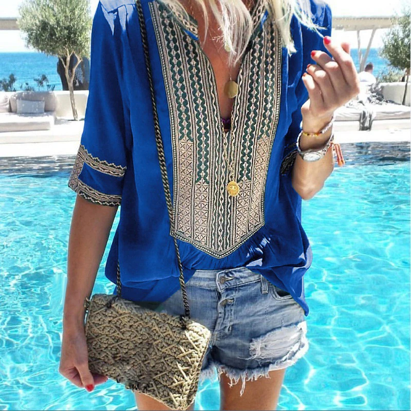 Женские топы летние винтажные Ретро с v-образным вырезом принтом Популярные Boho