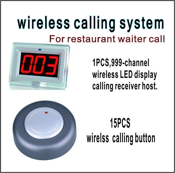 

Wireless calling system restaurant pager including 999-channel LED display receiver with 15 PCS calling button